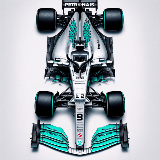 Real life Silver f1 mercedes race car with turquoise green lines and REARwings and white "PETRONAIS" text on wings.
Red race number on car nose. Black peace logo, black Blackberry text on sides. TOP VIEW