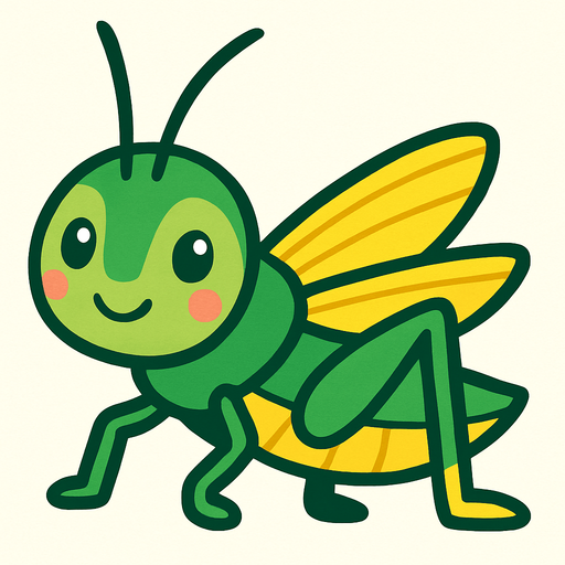 yeşil ve sarı renkli sevimli çekirge.
In-Game asset.  2d.  High contrast.  No shadows