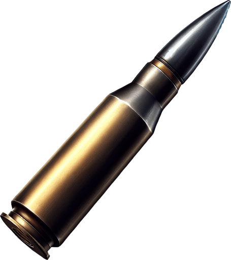 create bullet from ak-56.
Single Game Texture.  In-Game asset.  2d.  Blank background.  High contrast.  No shadows