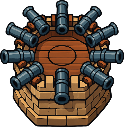 torre con 10 cañones desde arriba.
In-Game asset.  2d.  High contrast.  No shadows