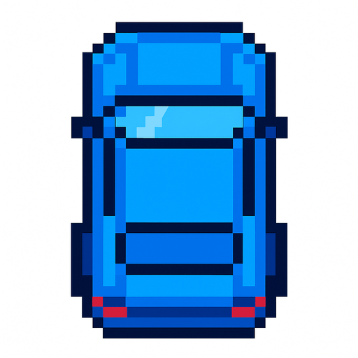 Draw 2d pixel car top view blue.
In-Game asset.  2d.  High contrast.  No shadows