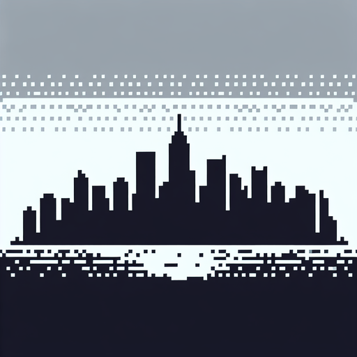 8-bit gray silhouette of cityscape in distance.
Single Game Texture. In-Game asset. 2d. Blank background. High contrast. No shadows.