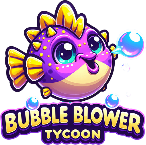 a game logo for a game called 'Bubble Blower Tycoon' about a happy purple pufferfish with yellow fins and spines that builds an underwater empire of bubbles. Cartoon.
Single Game Texture.  In-Game asset.  2d.  Blank background.  High contrast.  No shadows