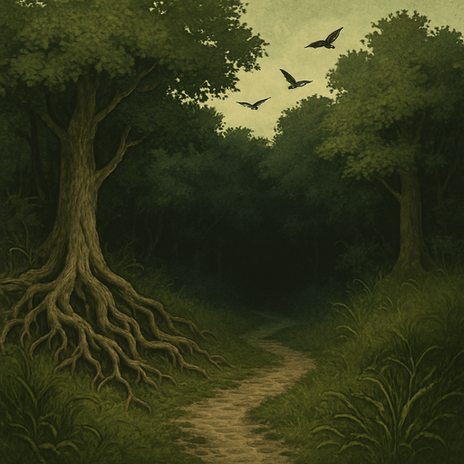 The edge of a thick medieval forest, tangled roots and wild grass, birds flying above, a worn path leading into shadow, realistic.
In-Game asset.  2d.  High contrast.  No shadows