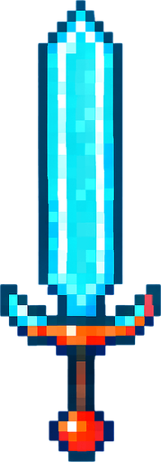 Diseña una espada estilo pixel art, sencilla pero llamativa. Debe ser fácil de animar o colocar junto a un personaje. El mango debe ser corto y simple, y la hoja puede ser recta o con un brillo digital. Usa colores llamativos como azul neón, rojo fuego o plateado con detalles pixelados. El diseño debe parecer futurista o mágico, como si fuera un arma especial de un guerrero digital..
In-Game asset.  2d.  High contrast.  No shadows