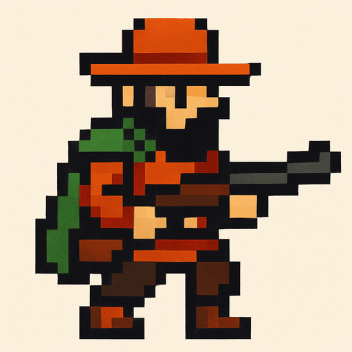 Hunter pixel.
In-Game asset.  2d.  High contrast.  No shadows