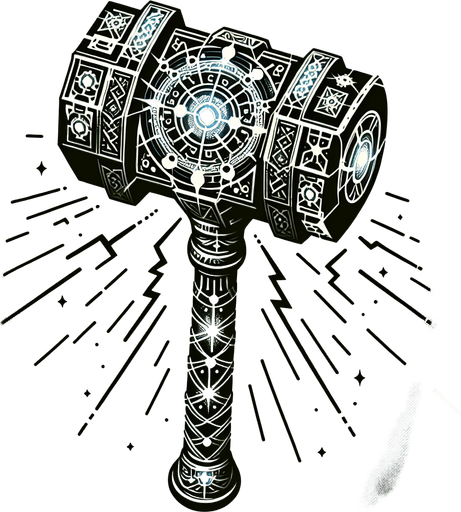 A glowing, ornate hammer imbued with power, or a weapon silhouette undergoing a visible transformation with radiating light and complex runic patterns..
Single Game Texture.  In-Game asset.  2d.  Blank background.  High contrast.  No shadows