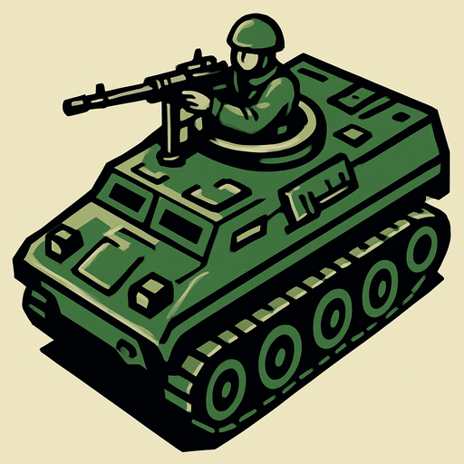 Paletli zırhlı araç araçta taramalı tüfek ve başında asker var üstten bakış.
In-Game asset.  2d.  High contrast.  No shadows