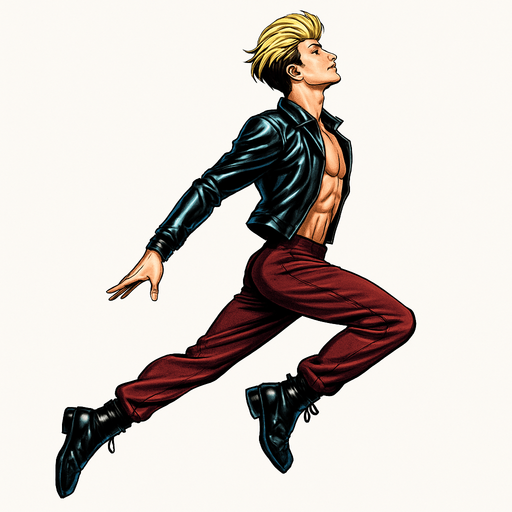 Swishy graceful man opposite arm and leg in front Cyberpunk manga, side profile view jumping pushing off the ground one leg extended one knee raises arms at sides loookkng skyward torpedo magic launching leap jump, shiny black leather biker jacket longsleeves shirtless Skinny abs blonde pompadour guy, wine red joggers combat boots, Background removed, "Full-body character, entirely in frame, no cropping of face, head, or feet" "Complete character visible, from head to toe, fully centered in the image" "Entire character, including face and boots, fully within the frame" Character fully contained within a square frame, no edges cut off fashion model idle pose