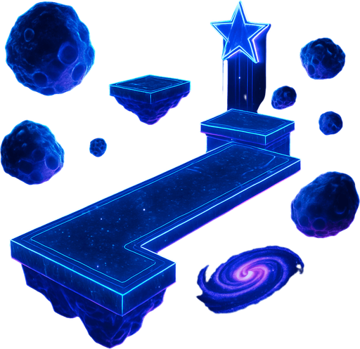 3d hologram neon cyberpunk starlight magick galaxy overlay projection asteroid starfield Platforming magical dimension pathway level obstacle layout videogame