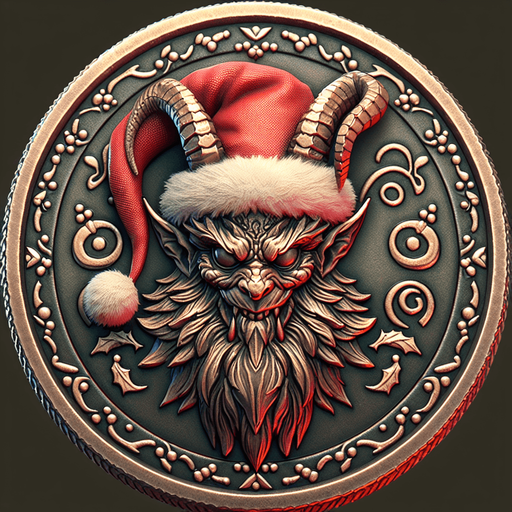krampus with a christmas hat coin embossed on it png.
Single Game Texture. In-Game asset. 2d. Blank background. High contrast. No shadows.