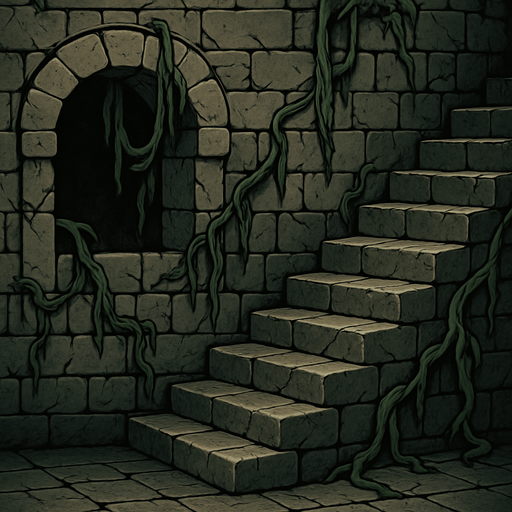 Mazmorra de ladrillos agrietados con lianas y escaleras que suben muy realista en 2D.
In-Game asset.  2d.  High contrast.  No shadows
