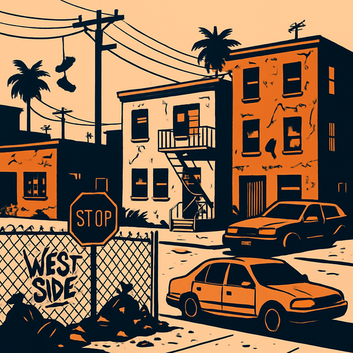 Gangside ghetto Neighbourhood.
In-Game asset.  2d.  High contrast.  No shadows