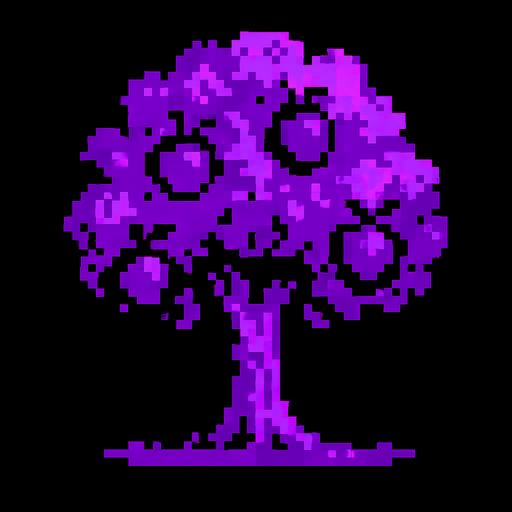 obscurity black purple 8 bits and a fruit tree.
In-Game asset.  2d.  High contrast.  No shadows