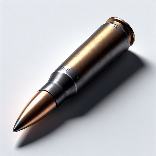 create bullet from ak-56.
Single Game Texture.  In-Game asset.  2d.  Blank background.  High contrast.  No shadows