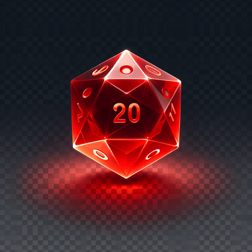 A 20 sided red die.
In-Game asset. 2d. Transparent background. High contrast. No shadows.