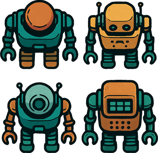 Robot algo viejos vistos desde arriba.
In-Game asset.  2d.  High contrast.  No shadows