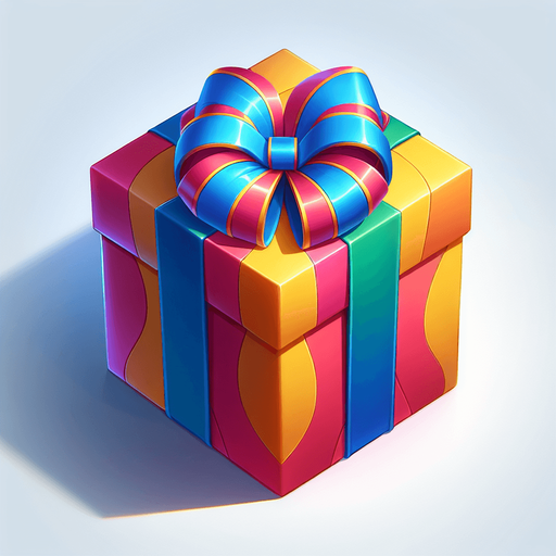 gift wrapped box, vivid colours. with bow on top Single Game Texture. In-Game asset. 2d. Blank background. High contrast. No shadows. Single Game Texture. In-Game asset. 2d. Blank background. High contrast. No shadows.