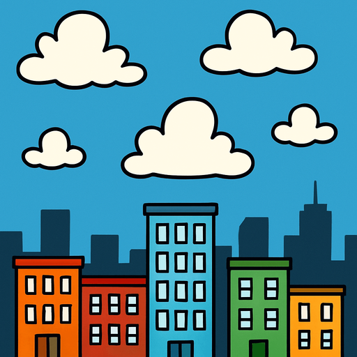 fondo de caricatura 2d, en la parte de abajo se vea edificios de ciudad y el 70% que sea del cielo.
In-Game asset.  2d.  High contrast.  No shadows