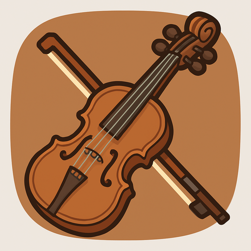 A cartoon-style 2D illustration of a traditional fiddle (similar to a violin) with a bow placed beside or over it. The fiddle should have a warm brown wooden body with visible f-holes, four strings, and tuning pegs. Add soft shadows, rounded edges, and a clean outline. The overall style should feel friendly and suitable for mobile games. Export the image as a transparent rounded brown background PNG, usable as a clickable icon in a music quiz game..
In-Game asset.  2d.  High contrast.  No shadows