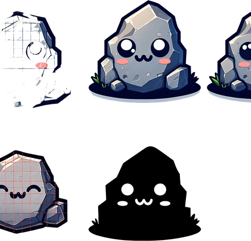 Cartoon style cute rock.
Single Game Texture. In-Game asset. 2d. Blank background. High contrast. No shadows.