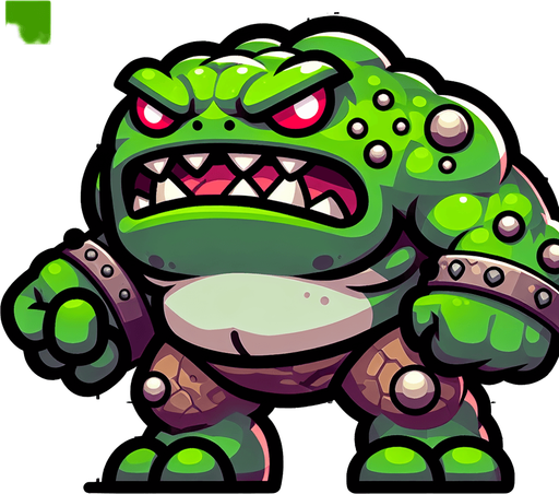 chibi anger bulk frog monster walk.
Single Game Texture.  In-Game asset.  2d.  Blank background.  High contrast.  No shadows