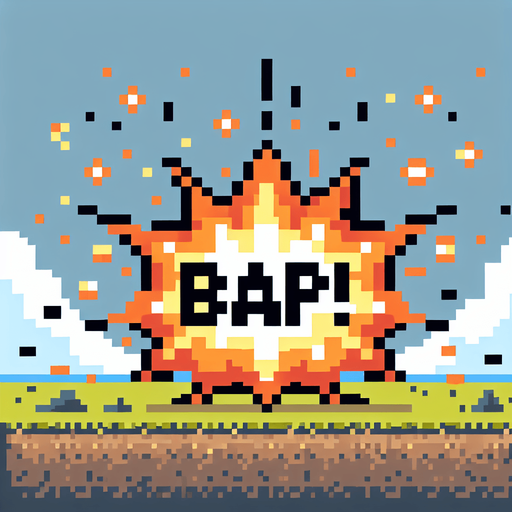 pixel art "bap!" explosion
Single Game Texture. In-Game asset. 2d. Blank background. High contrast. No shadows.