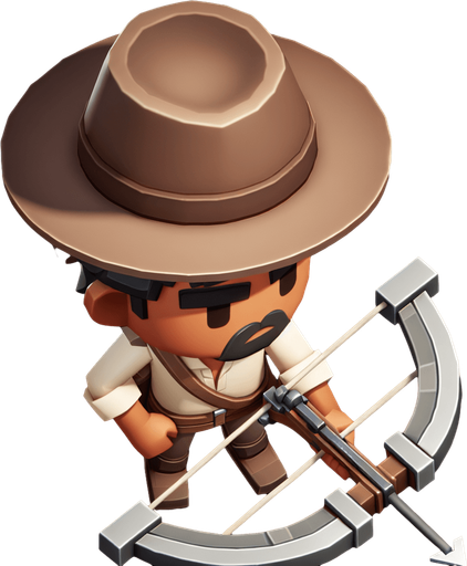A man with a crowwbow in a hat from above cartoon style.
Single Game Texture. In-Game asset. 2d. Blank background. High contrast. No shadows.