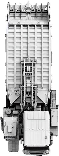 Zenith view of a white rectangular Harvester shape of a garbage truck with a triangular head.
Zenith view. Directly overhead. Plumb view.