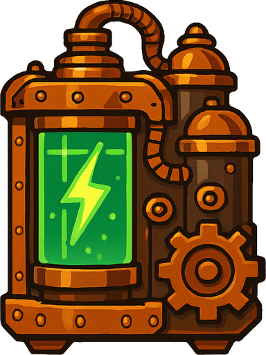 una bateria energetica estilo steampunk.
In-Game asset.  2d.  High contrast.  No shadows