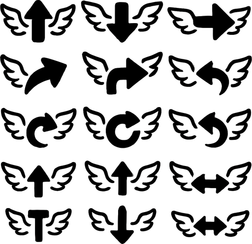 Spreite sheets of simple white arrows with wings.
In-Game asset.  2d.  High contrast.  No shadows