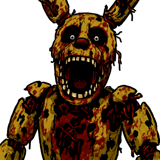 kanlı ve solmuş bir animatronik springtrap bağırıyor.
In-Game asset.  High contrast.  No shadows