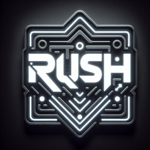 Gray Cyber neon lit logo of the word Rush.
Single Game Texture. In-Game asset. 2d. Blank background. High contrast. No shadows.