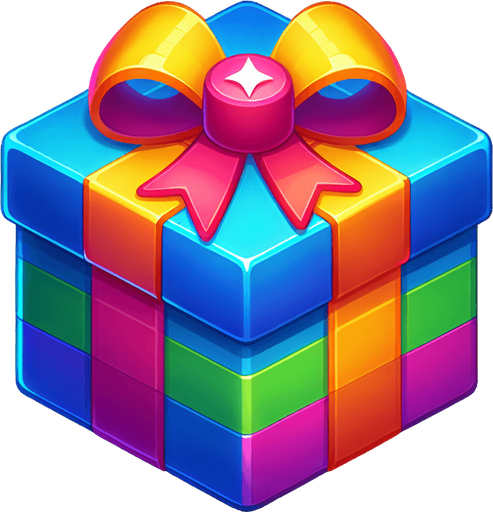 gift wrapped box, vivid colours. with bow on top Single Game Texture. In-Game asset. 2d. Blank background. High contrast. No shadows. Single Game Texture. In-Game asset. 2d. Blank background. High contrast. No shadows.