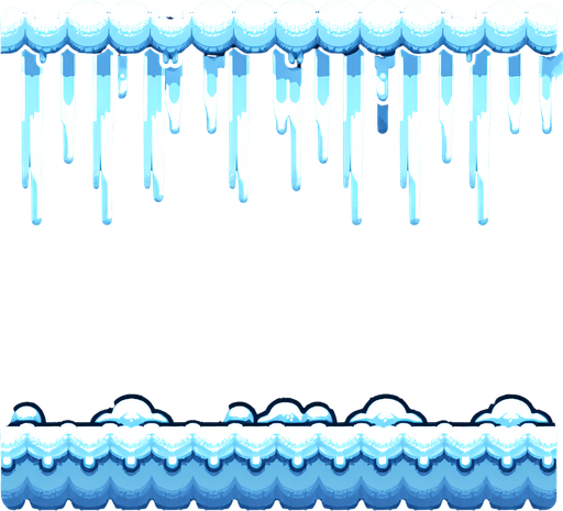 Simple Row of iceales hanging from snowy bar, cartoon. Flat, seen from side. Single Game Texture. In-Game asset. 2d. Blank background. High contrast. No shadows.