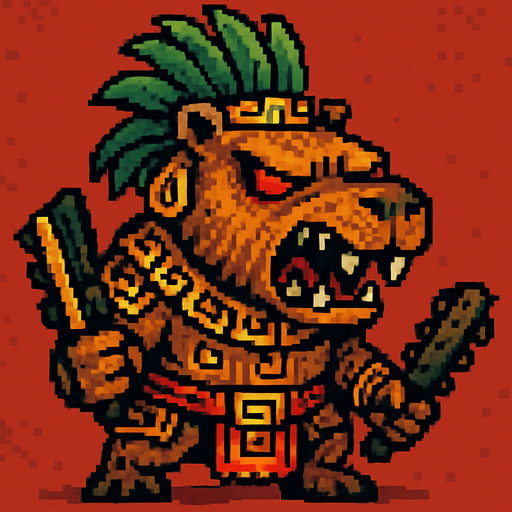 Genérame una Capibara guerrero azteca con eso patrones, estilo pixelar, con una apariencia maligna, ojos rojos, rabioso. Unidad cuerpo a cuerpo. Animal.
In-Game asset.  2d.  High contrast.  No shadows