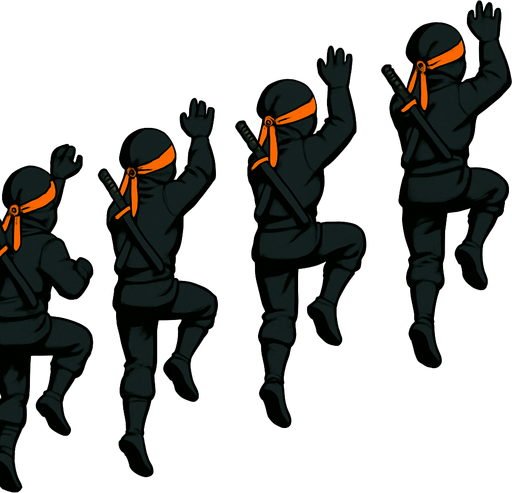 Different frames of Ninja climbing a ladder animation but without ladder, for full body of a ninja character, black color outfit, eyes bondage orange, have sword behind it. HD colors. facing the screen by its back side
In-Game asset.  2d.  High contrast.  No shadows
