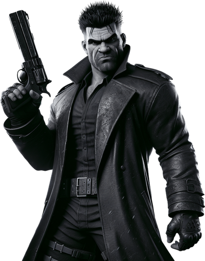 A muscular, imposing man with short spiky black hair, dark eyes, and a cold expression. He wears a long, dark trench coat and carries a large gun. His body language is strong and aggressive, with a gritty, rugged look, evoking a sense of danger. The background is desolate, with dusty windblown landscapes, reflecting the harsh environment of the anime world. The atmosphere should feel intense and full of tension, emphasizing his role as a tough, battle-hardened character.".
Single Game Texture. In-Game asset. 2d. Blank background. High contrast. No shadows.