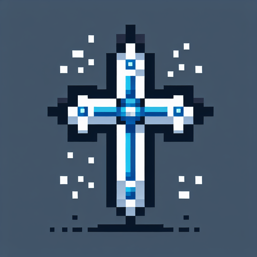 pixel art cross with blue accents
Single Game Texture. In-Game asset. 2d. Blank background. High contrast. No shadows.