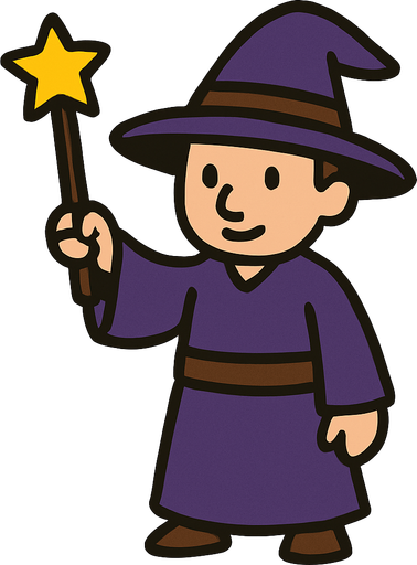 Mago con sombrero morado oscuro y marrón sin barba con varita con estrella, de cuerpo entero.
In-Game asset.  2d.  High contrast.  No shadows