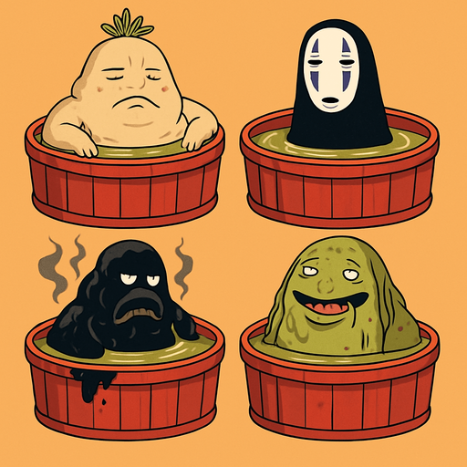 Japanese circle bath have different stink spirits from movie "spirited away". each one per bath. HD colors.
In-Game asset.  2d.  High contrast.  No shadows