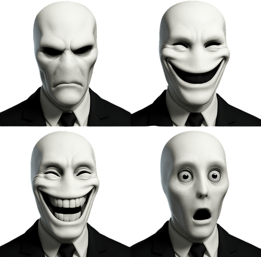 3D Slenderman scary and funny face meme, different faces look,face only
In-Game asset.  High contrast.  No shadows. 3D