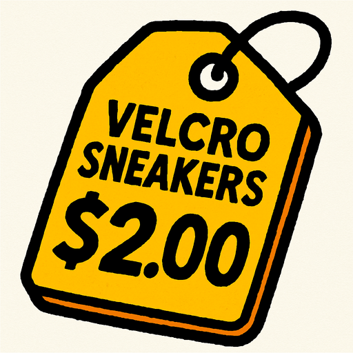 Price tag that says Velcro sneakers $2.00.
In-Game asset.  2d.  High contrast.  No shadows