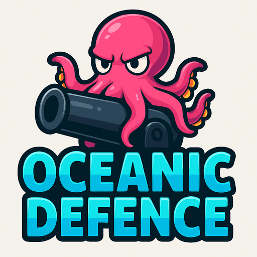 crea un titulo que diga oceanic defence con un pulplo detras de las letras que esta sentado en un cañon negro.
In-Game asset.  2d.  High contrast.  No shadows