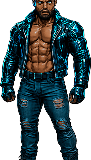 man Cyberpunk manga, African American hunk, shiny black leather biker jacket longsleeves shirtless muscles pexs abs, dreadlocks topknot updo, jeans combat boots, Background removed, "Full-body character, entirely in frame, no cropping of face, head, or feet" "Complete character visible, from hair to boots, fully centered in the image" "Entire character, including face and boots, fully within the frame" Character fully contained within a square frame, no edges cut off fashion model idle pose facing forward