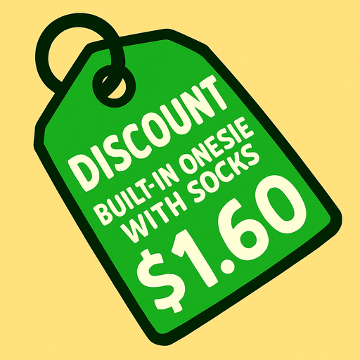 Green pricetag that says discount built in onesie with socks $1.60.
In-Game asset.  2d.  High contrast.  No shadows