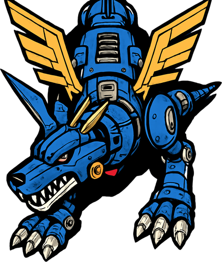 Metalgarurumon, visto desde arriba, detalles muy épicos.
In-Game asset.  2d.  High contrast.  No shadows