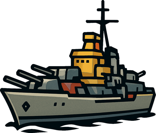 The medium warship balances speed and firepower. It is equipped with multiple cannons and moderate armor. It moves steadily and can withstand more hits than smaller ships, making it a tougher target..
In-Game asset.  2d.  High contrast.  No shadows