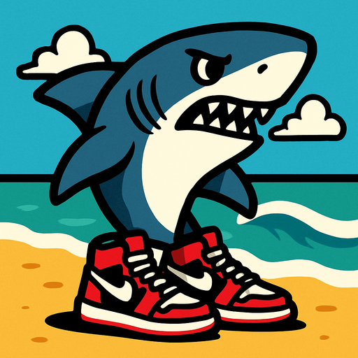 shark with nikes on the beach.
In-Game asset.  2d.  High contrast.  No shadows