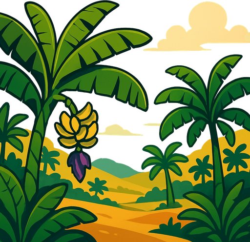 relaxing banana tree landscape.
In-Game asset.  2d.  High contrast.  No shadows